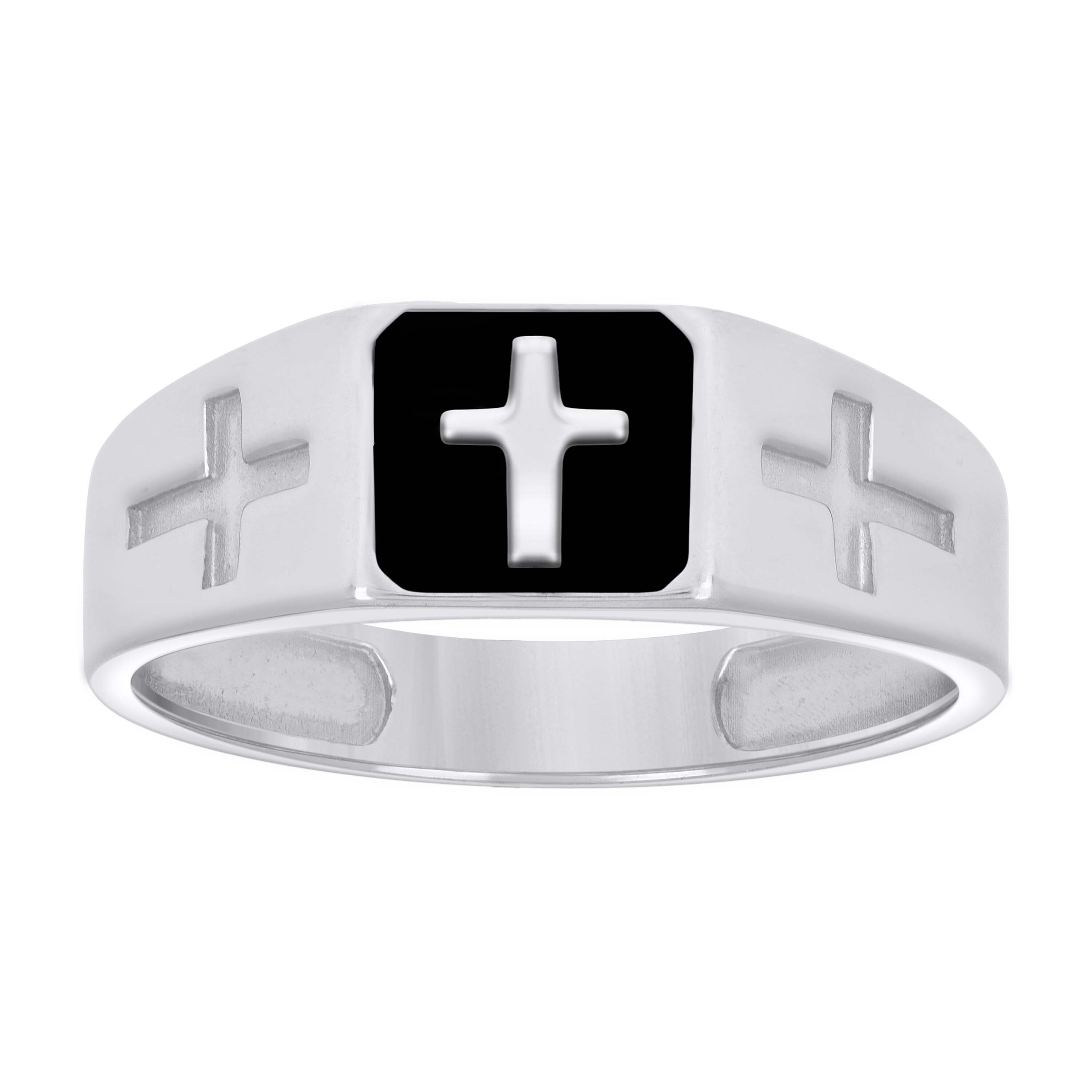 925 Sterling Silver Mens Black Enameled Cross Religious Ring Size 9